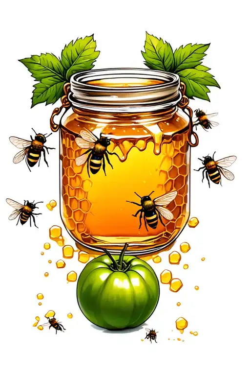 Jar of honey with honey comb inside next to a green tomatoes with bees flying around tattoo design idea