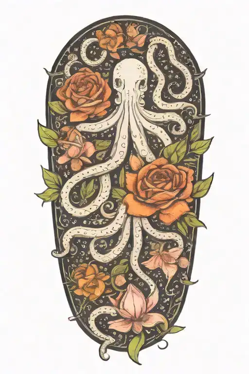 snowdrops, rose, marigold, daffodil, octopus tenticals tattoo design idea
