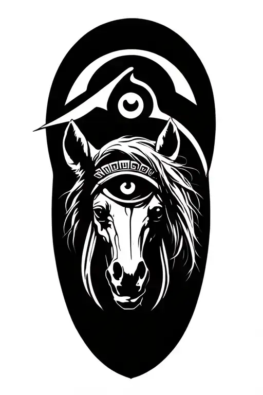 eye of Horus and Amor Fati Skelton on horse tattoo design idea