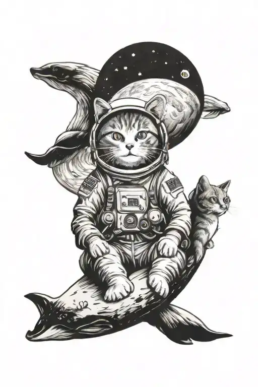 astronaut cat sitting on the moon with whale facing the cat tattoo design idea