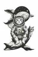 astronaut cat sitting on the moon with whale facing the cat tattoo design idea