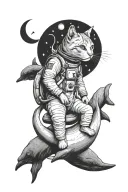 astronaut cat sitting on the moon with whale facing the cat tattoo design idea