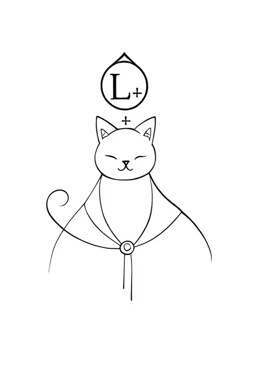 delicate collar-style tattoo, subtle happy collared kitten, triskelion symbol, the letter L on top, circle with + in it tattoo design idea