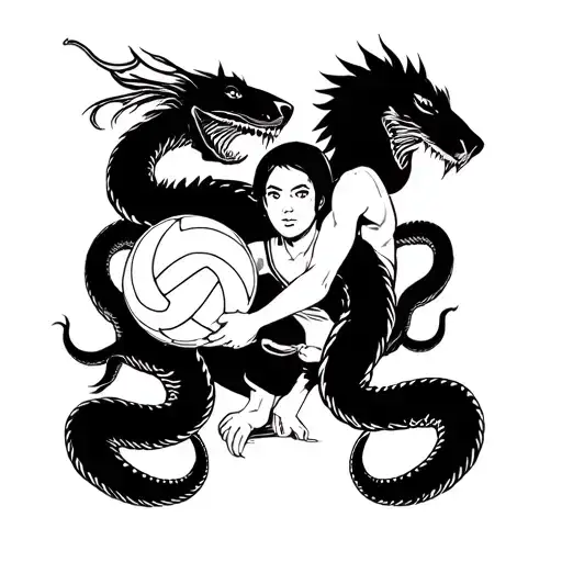 An anime-style scene of a dish washer battling mythical creatures with a volleyball as a shield, surrounded by snakes in a blackwork design tattoo design idea