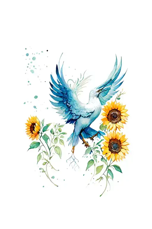 phoenix and sunflowers intertwined tattoo design idea