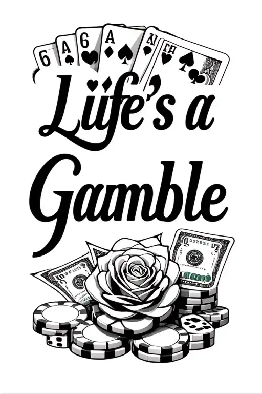 "Life's a Gamble" "Life's a Gamble" casino themed featuring chips, money, dice, cards, and a rose some where in the background spell correctly tattoo design idea
