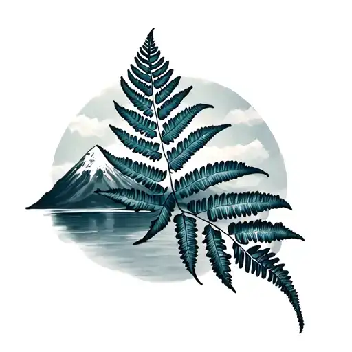 silver fern leaf and mt taranaki tattoo design idea