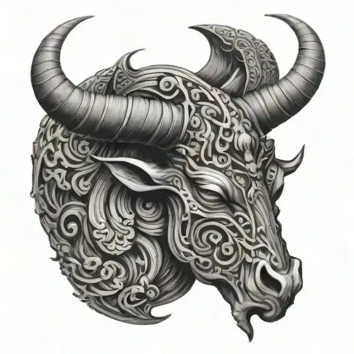 An intricate black and grey design combining the horns of a bull with the tail of a scorpion, representing the Taurus and Scorpio signs, for the back of the neck tattoo design idea
