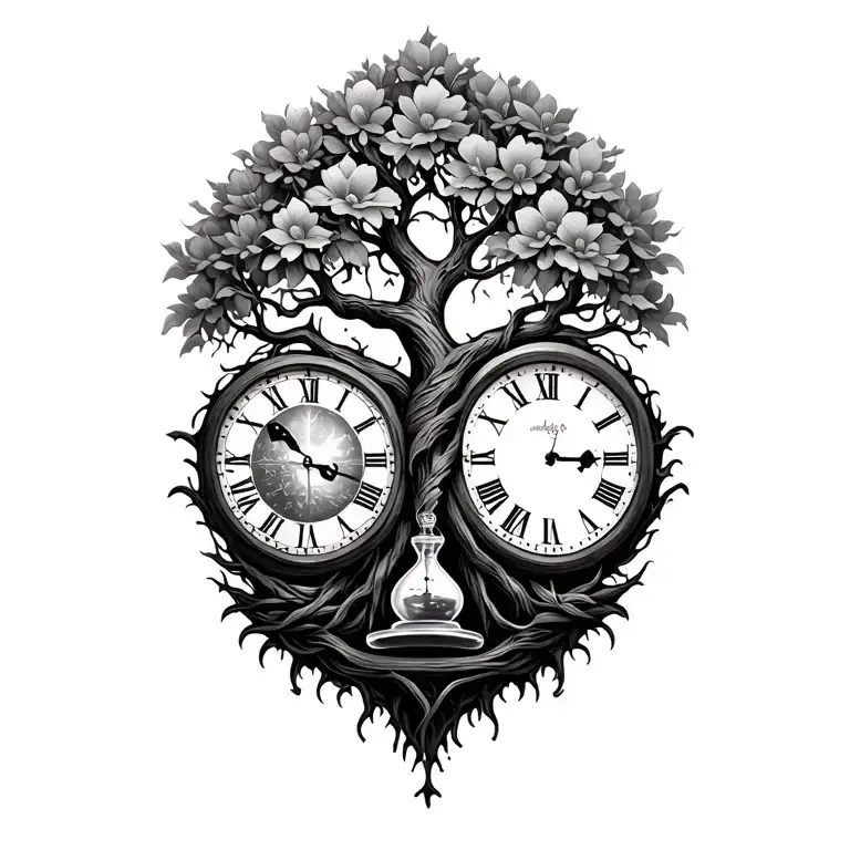 tree of life intertwined with clock and hour glass tattoo design idea