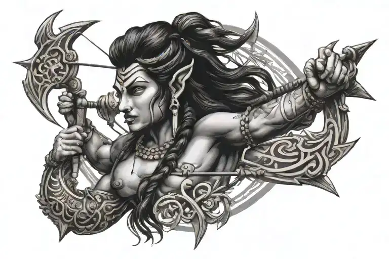 shiva bow and arrow with arrow stretched and Om marked on bow tattoo design idea