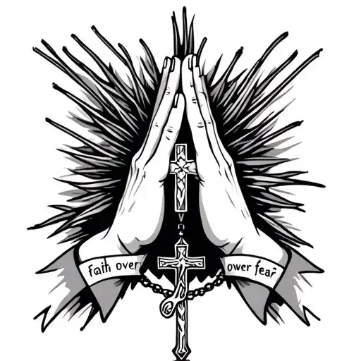 create an outer forearm tattoo in which displays praying hands that’s holding a cross necklace and says ”faith over fear tattoo design idea