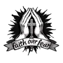 create an outer forearm tattoo in which displays praying hands that’s holding a cross necklace and says ”faith over fear tattoo design idea