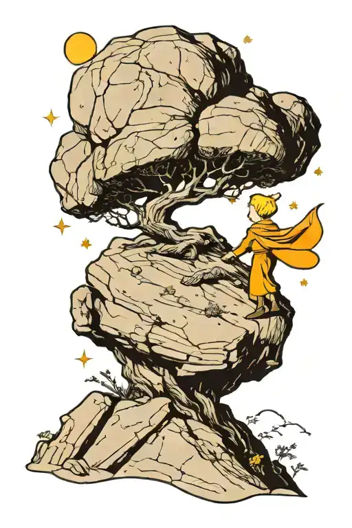 The Little Prince standing on a rock being pushed up a mountain by Sisyphus  tattoo design idea