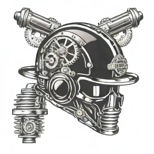 A mechanical steeler helmet with gears and pistons, surrounded by sports equipment tattoo design idea