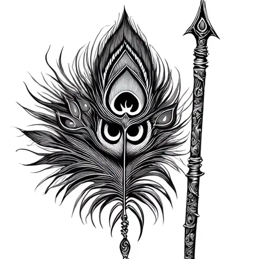 combine Shiva's trishul (trident), Krishna's bansuri (flute), and the peacock feather in a unified, spiritual style. tattoo design idea