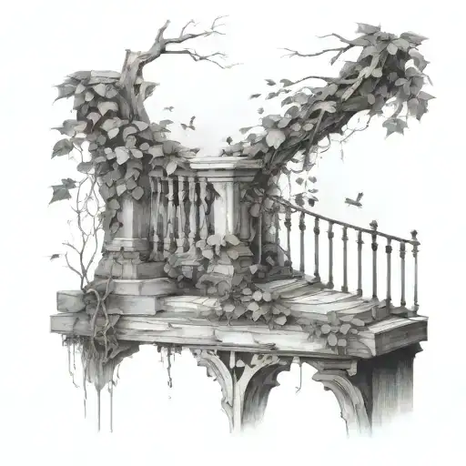 A surreal tattoo design featuring ivy climbing up a rustic railing by the lake, with a touch of black-grey shading tattoo design idea