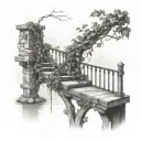 A surreal tattoo design featuring ivy climbing up a rustic railing by the lake, with a touch of black-grey shading tattoo design idea