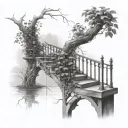 A surreal tattoo design featuring ivy climbing up a rustic railing by the lake, with a touch of black-grey shading tattoo design idea