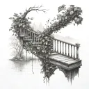 A surreal tattoo design featuring ivy climbing up a rustic railing by the lake, with a touch of black-grey shading tattoo design idea