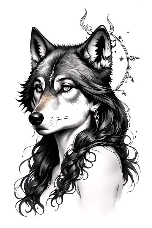 moon goddess selene portrait with wolf tattoo design idea