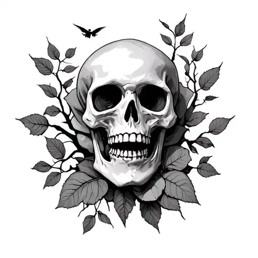 skeleton with death rose while leaves fly away and death tree behind it tattoo tattoo design idea