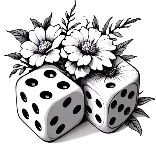 two dices with flowers. i want the tatoo style to be black and white but also thin and elegant tattoo design idea