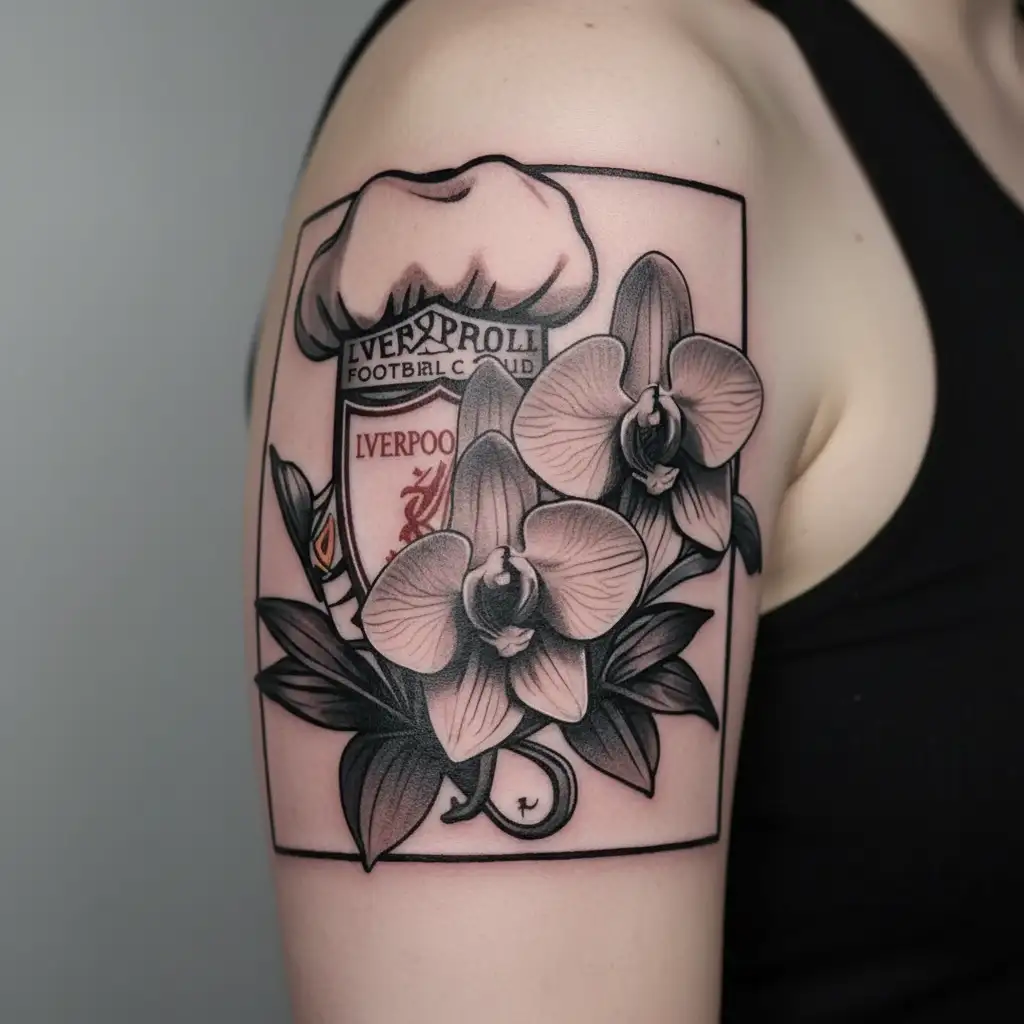 Liverpool Football Club with orchids a chef hat and Om  tattoo design idea