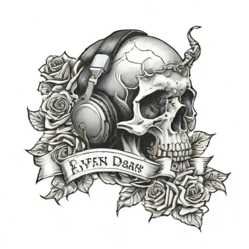 skull wearing headphones and holding roses and qoute 'even the dark has its depth' tattoo design idea