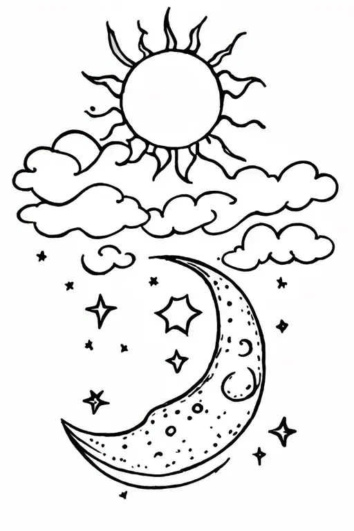 sun and clouds on top and moon and stars below tattoo design idea
