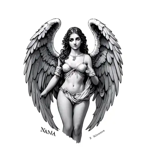 , roman numerals, " Nana" , angel wings spread tattoo design idea