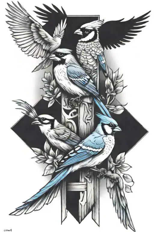 cardinal, blue jay, lilac breasted roller, cedar waxwing, carolina wren, oriole, blackcollar barbet on trippy totem pole tattoo design idea