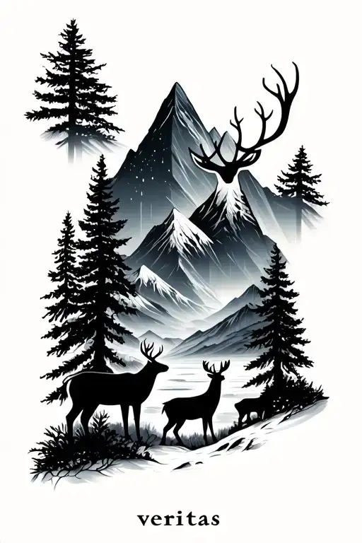 a forest with deer and a mountain range with northern lights, with veritas written at the bottom tattoo design idea