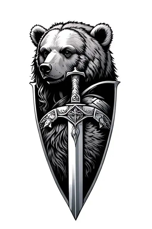 Norse mythology shield maiden Face with bear head profile holding a sword tattoo design idea