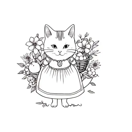 Cat wearing an old fashioned dress with a basket of fruit surrounded by flowers and nature tattoo design idea
