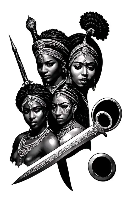 Tattoo with 4 orishas. Ogum with the sword, Yemanja with a mirror, Oxum with the abebé, Omolu with the xaxará and on the tattoo design idea