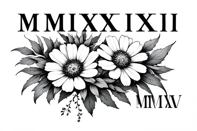 Roman Numerals "MMXXIII" at top, Below it MMXXV. Line inbetween to be lakspur flower mixed with Cosmos Flower tattoo design idea