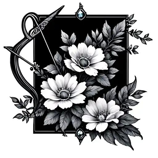 bow and arrow with January birth flowers and birthstone tattoo design idea