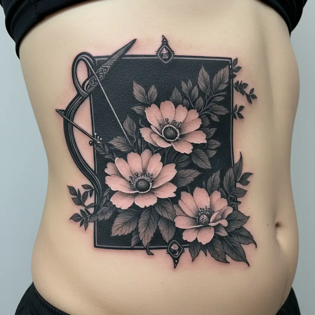 bow and arrow with January birth flowers and birthstone tattoo design idea