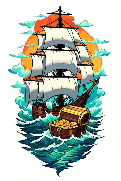 ship, mermaid, Treasure chest, storm tattoo design idea