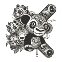 A totem pole with each section representing a different aspect of the client's favorite things - jewel, panda, hippopotamus, and Stitch tattoo design idea