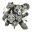 A totem pole with each section representing a different aspect of the client's favorite things - jewel, panda, hippopotamus, and Stitch tattoo design idea