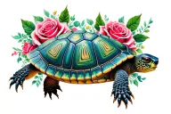 turtle with shell pattern roses surrounding tattoo design idea