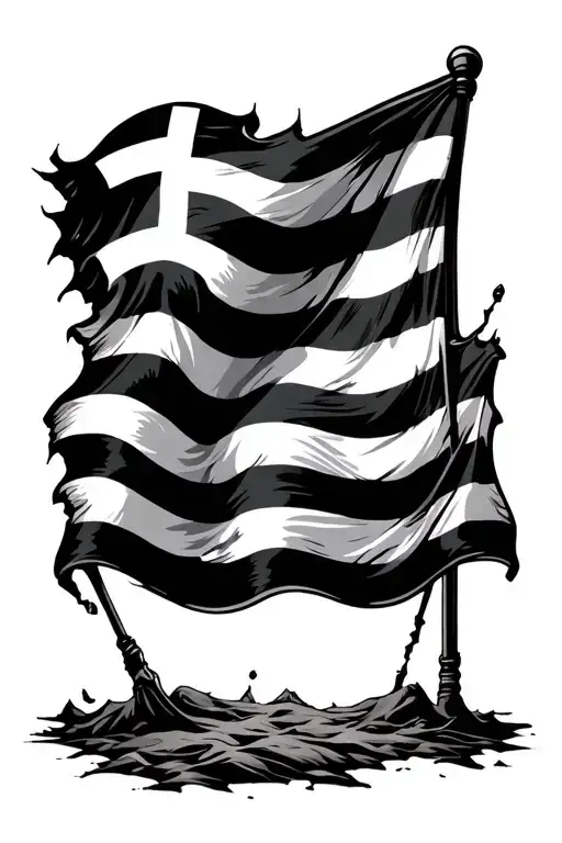 Ελευθερία ή θάνατος with ripped greek flag waving behind the words tattoo design idea