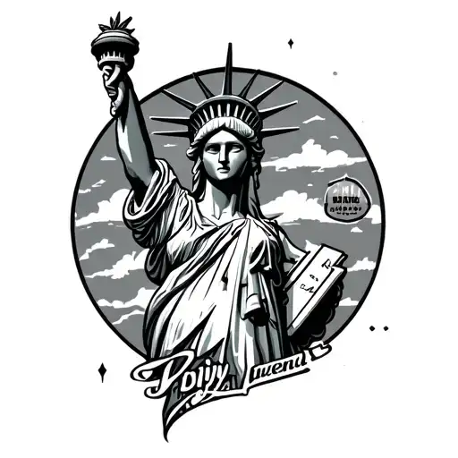 I want a line tatoo statue of liberty in other holding squeezed orange juice, and below the tattoo write dojč i cijeđena tattoo design idea