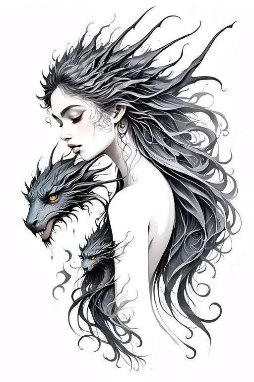 dark feminine style tattoo with dainty lines, magical celestial ethereal dragons descends down from woman's left shoulde tattoo design idea