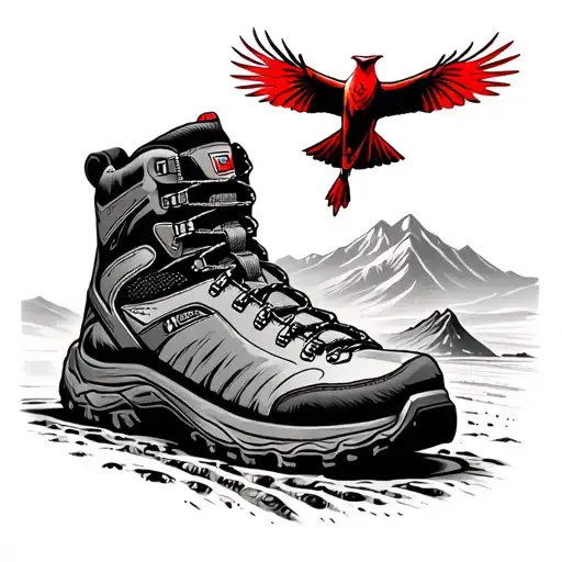 hiking bootprint with red kite flying in center tattoo design idea