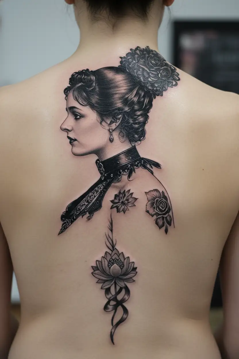 victorian woman with a slave leather collar tattoo design idea