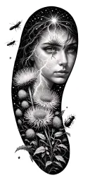 lightning, lightning bugs, thistles, and stars tattoo design idea