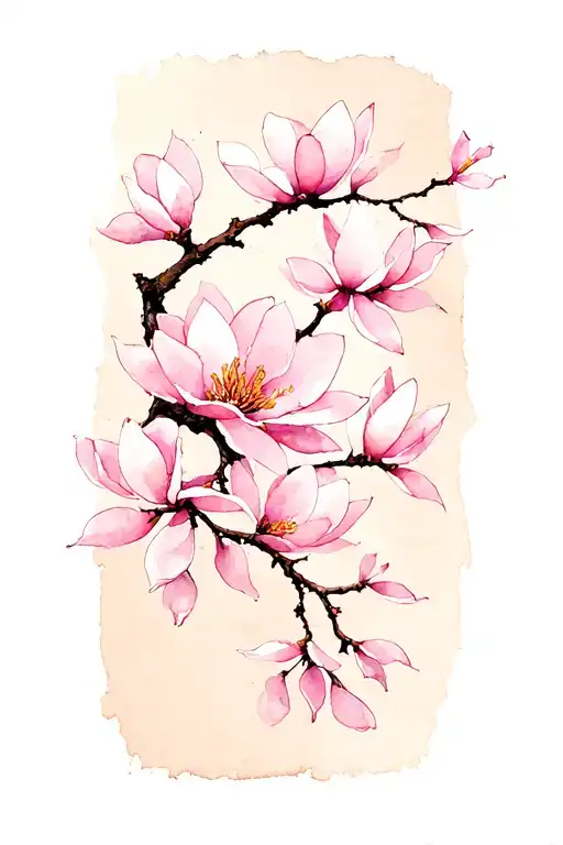 A Japanese-inspired illustration featuring a delicate branch with vertically arranged soft pink magnolia blossom framed tattoo design idea