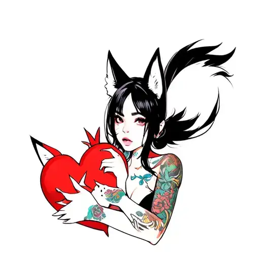 anime woman with black hair, tattoos, fox tail and fox ears stitching together a broken heart wrapped with fox tails tattoo design idea